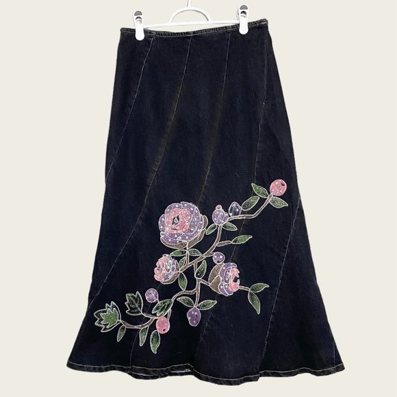 Vintage Dresses & Skirts - VINTAGE Black Denim Embroidered, Beaded, Sequinned, Painted Floral Maxi Skirt